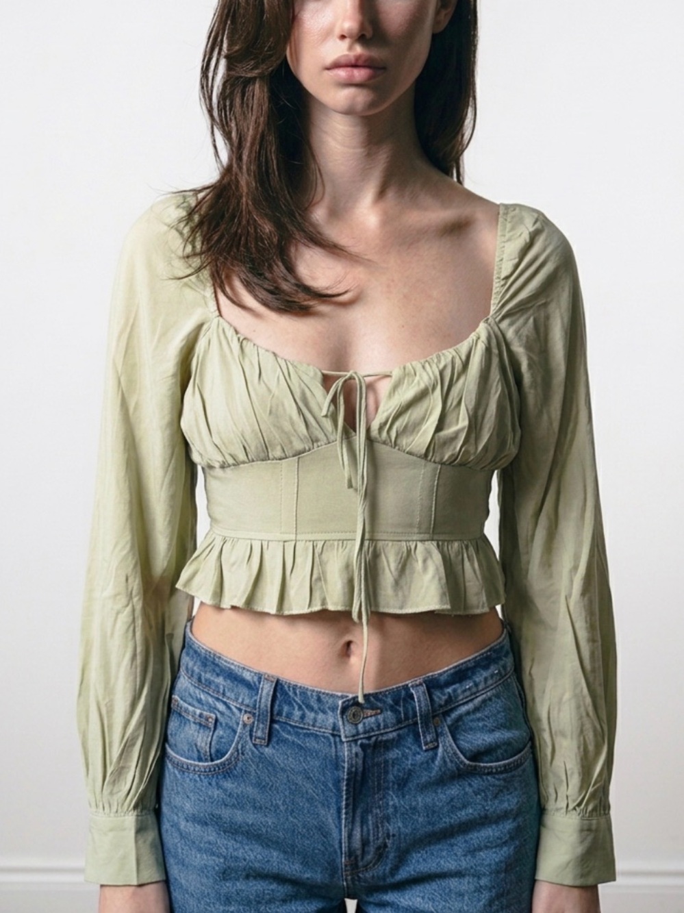 Petal & Pup Sage Tie-Front Peplum Crop Top